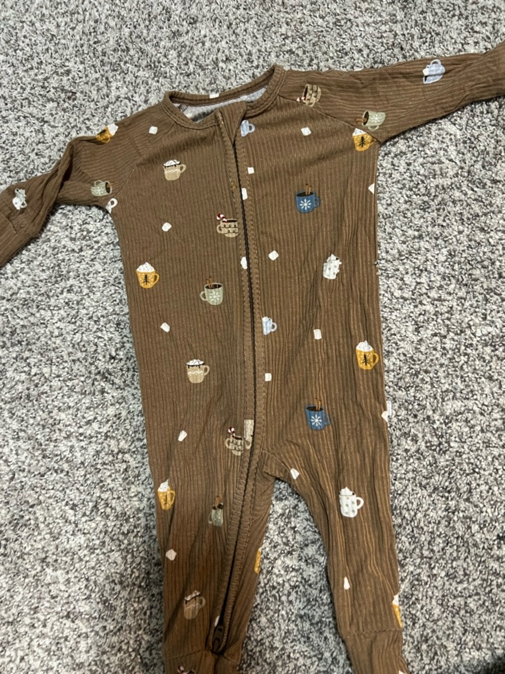 Brown Kids Footed Zipper Pajamas with Hot Cocoa Print